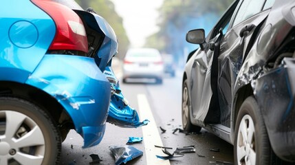 Close Up Of Two Cars Damaged In Road Traffic Accident - obrazy, fototapety, plakaty