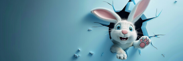 Bunny peeking from a hole in the wall, fluffy ears, Easter bunny banner, rabbit jumping from the torn hole. - obrazy, fototapety, plakaty