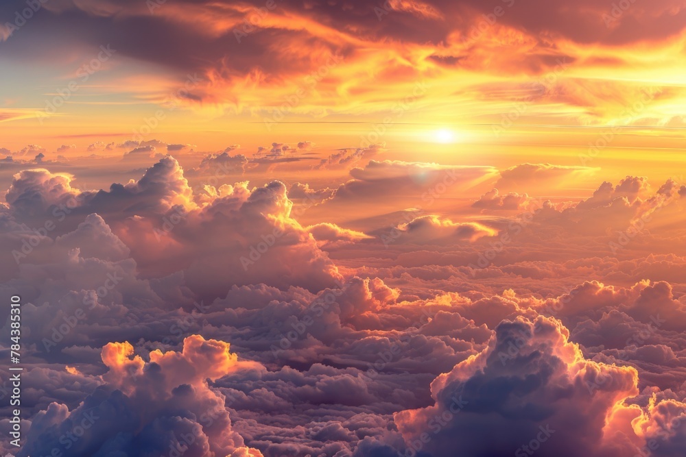 Poster a stunning view of the sun setting over a sea of clouds. perfect for nature and travel concepts