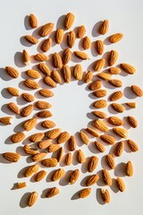 Almonds arranged in a circle on a white surface. Suitable for food and nutrition concepts