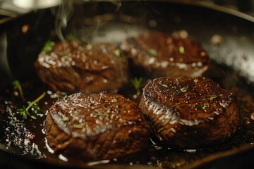 Juicy steaks sizzling in a skillet, perfect for food blogs or cooking websites