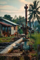 A rusty pipe found on the side of a road. Suitable for industrial and infrastructure concepts