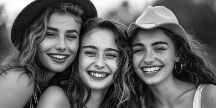 Three women smiling and posing for a picture. Ideal for social media and lifestyle content
