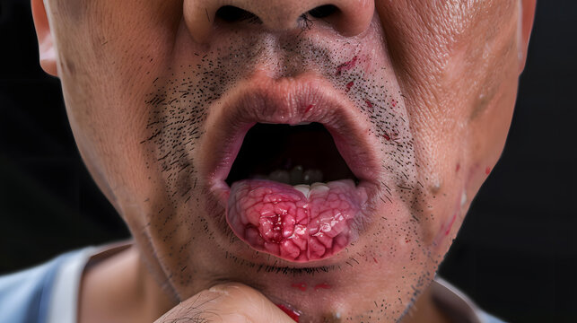 Squamous cell carcinoma of tongue. Oral cancer or malignant tumor of Asian male patient.