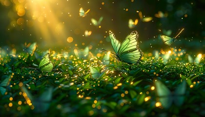 abstract natural background with butterflies and green grass 