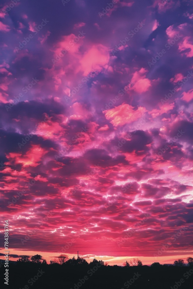 Poster A serene view of a pink and purple sky with fluffy clouds. Suitable for various design projects