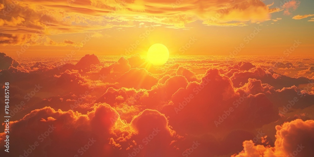 Poster A scenic view of the sun setting over fluffy clouds. Suitable for various projects