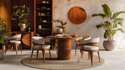 A dining room with a round table and chairs