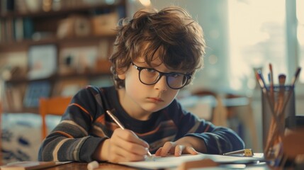 A young boy sitting at a table writing on a piece of paper. Suitable for educational or creative projects - obrazy, fototapety, plakaty