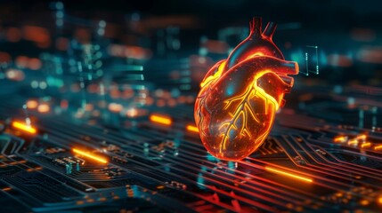 Glowing human heart 3D over circuit board background. Sci-fi futuristic high tech - obrazy, fototapety, plakaty