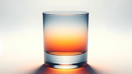  A glass cup containing a gradient mixture of transparent orange liquid on an abstract white background