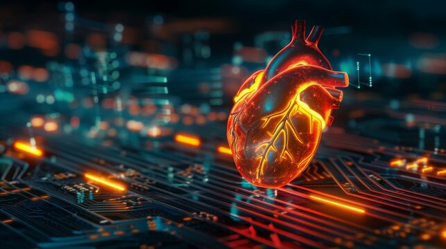 Glowing human heart 3D over circuit board background. Sci-fi futuristic high tech - Powered by Adobe