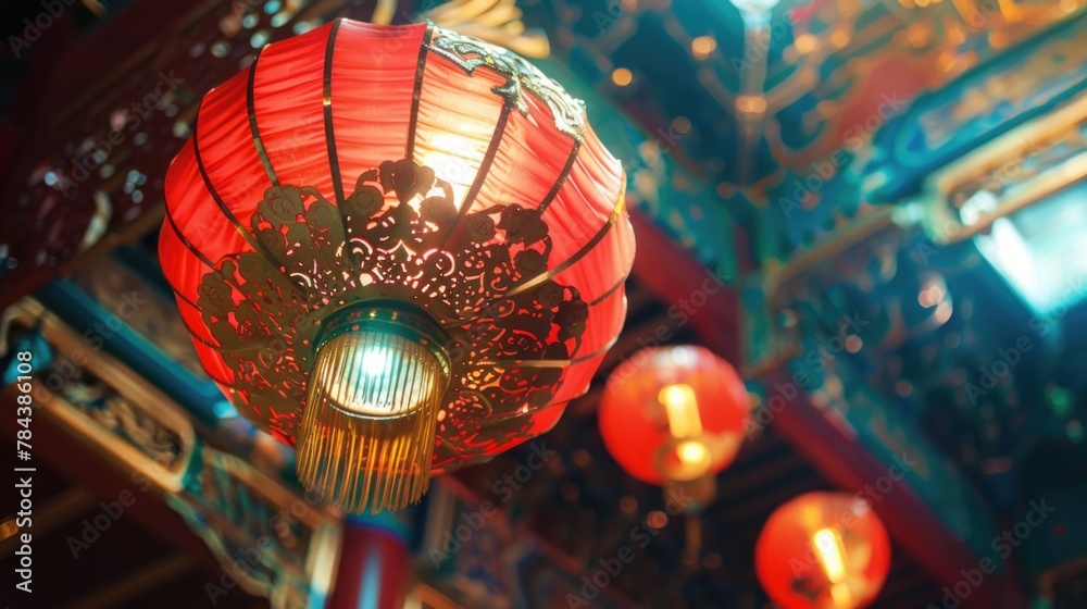 Poster a red lantern hanging from the ceiling of a building. suitable for interior design concepts