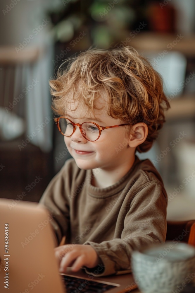 Sticker a young boy sitting in front of a laptop. ideal for educational and technology concepts