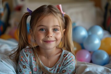 Portrait of a smiling young girl with blue eyes and pigtails surrounded by colorful balloons