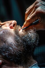 Naklejka premium Professional barber cutting man's hair, suitable for barbershop or grooming concepts