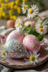 Obraz na płótnie Canvas Colorful eggs on plate with floral background, perfect for Easter designs