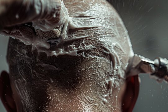 A man shaving his head with a razor. Suitable for beauty and grooming concepts