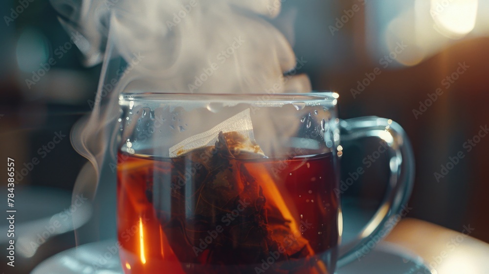 Poster A hot cup of tea with steam rising out of it. Perfect for cozy and relaxing concepts