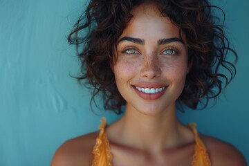 Beautiful young lady with short curly hair and a captivating smile against turquoise wall