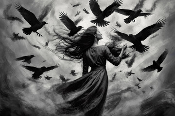 A flock of crow flying around a woman with black dress. The scene depicting anxiety, depression, loneliness, nightmare or heavy burden.