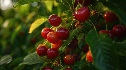 Obraz premium A close up of ripe cherries on a tree, perfect for food and nature themes
