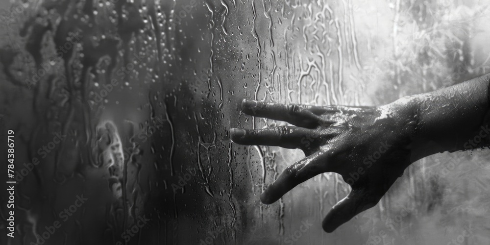 Poster a person's hand touching a wall, versatile image for various concepts