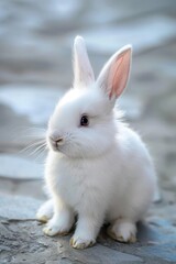 Fototapeta premium A small white rabbit sitting on a rock. Suitable for various nature and animal themed projects