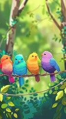 Cartoon-like colorful birds chirping on a wire