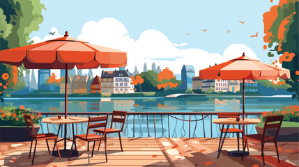 Charming riverside cafe with outdoor seating and um