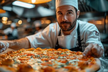 Skilled chef in uniform scrutinizes a freshly prepared pizza in a professional kitchen