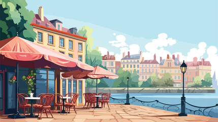 Charming riverside cafe with outdoor seating and um - obrazy, fototapety, plakaty