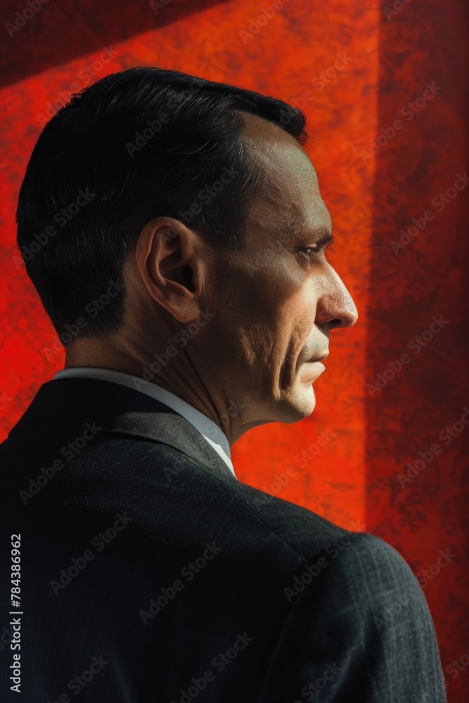 Poster a man in a suit and tie standing in front of a red wall. perfect for business concept designs