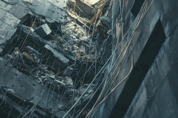 A building with a complex network of wires, suitable for industrial or technology concepts