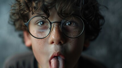 A young boy with glasses sticking out his tongue. Suitable for various educational and fun-themed projects - obrazy, fototapety, plakaty