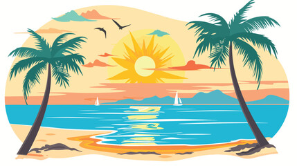 Fototapeta na wymiar Tropical sun at the beach with palm trees blue water