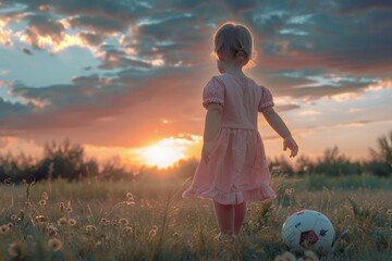 A young girl standing in a field with a soccer ball. Suitable for sports and outdoor activities...
