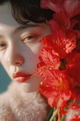 Naklejka premium A close-up of a woman holding a bunch of flowers