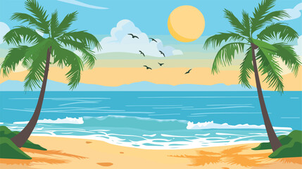 Fototapeta na wymiar Tropical sun at the beach with palm trees blue water
