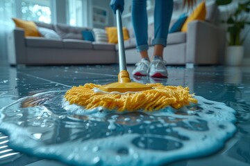 Close-up of a person mopping a messy soapy water spill on a shiny tiled floor at home