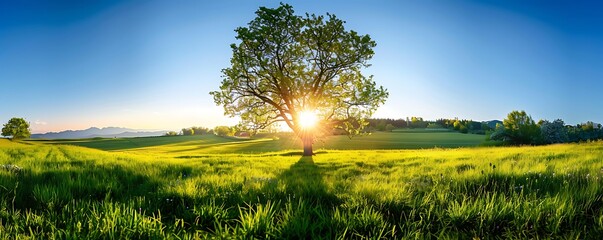 The sun shining through a tree on a green meadow, a panoramic vibrant rural landscape with clear blue sky before sunset