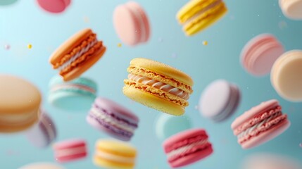 Assorted colorful macarons floating, isolated on white background