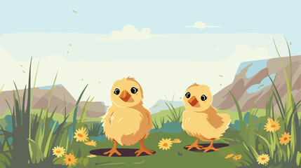 Obraz na płótnie Canvas Chicks foraging in the grass .. 2d flat cartoon vac