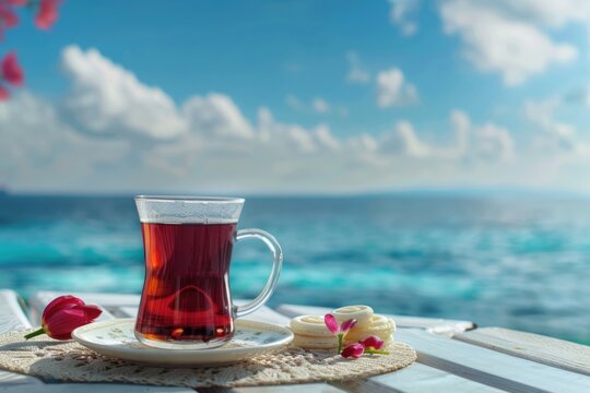 A calming image of a tea cup by the ocean. Perfect for relaxation and mindfulness concepts