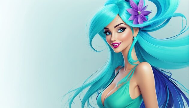   A woman dons a green dress and wears long blue hair adorned with a flower She accessorizes with an additional purple flower in her locks