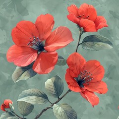 Watercolor red flowers and leaves seamlessly arranged on a green background.