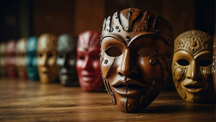 Mystic Mask Beautiful Wooden Art with Soft Illumination and Blurred Background