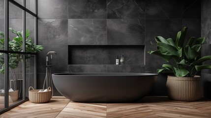 a modern bathroom with anthracite bathtub, dark ceramic tiles on back wall - obrazy, fototapety, plakaty