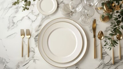 Empty plates and gold cutlery on dark green background. Festive place setting with beige napkin. Top view. Dining table in luxury restaurant. Tableware, crockery.