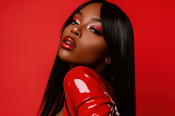 Glamorous portrait of an African American woman with red eyeshadow and glossy latex fashion. - obrazy, fototapety, plakaty